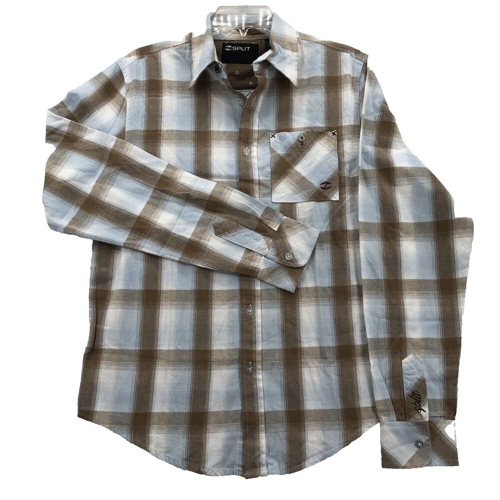 Vtg Split Skateboards Button Up Shirt S Blue Tan Plaid Long Sleeve Y2k NWT